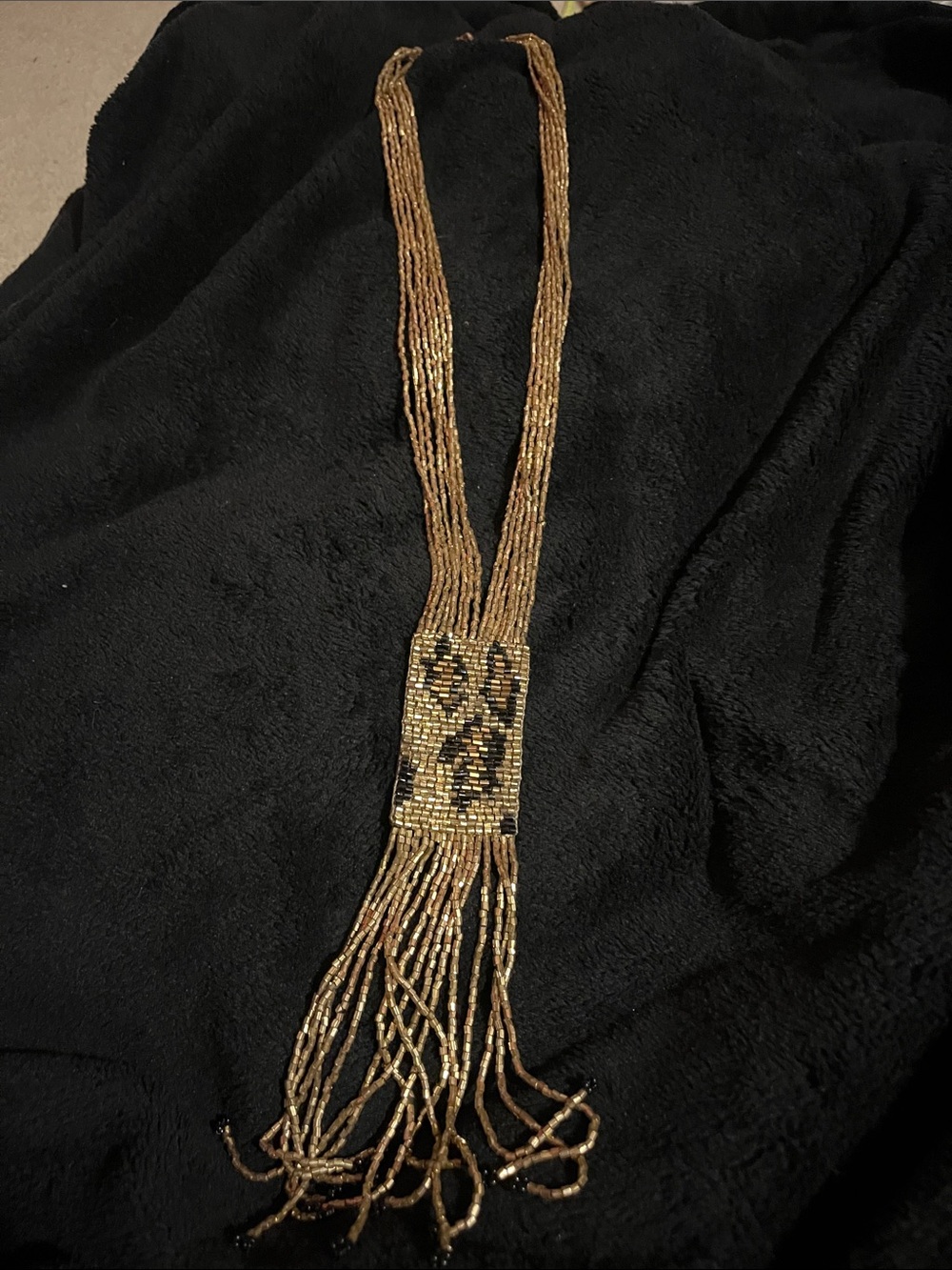 Gold Beaded Fringe Necklace with Animal Print Panel